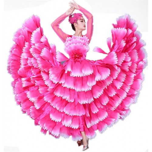 Women's pink petals flamenco dresses Spanish bull dance stage performance ballroom dancing dresses